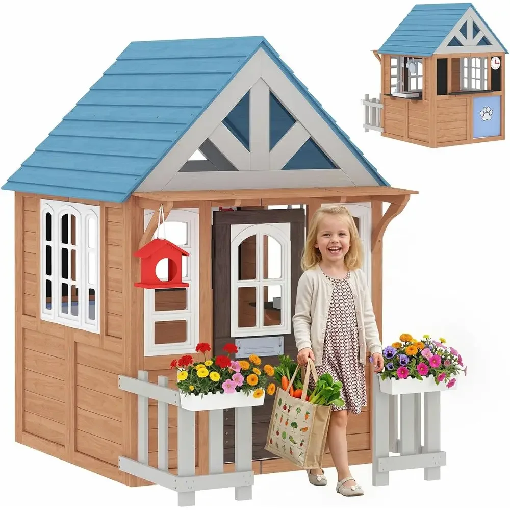 Qaba Kids Outdoor Playhouse - Qaba Buitenspeelhuis met deur voor huisdieren,