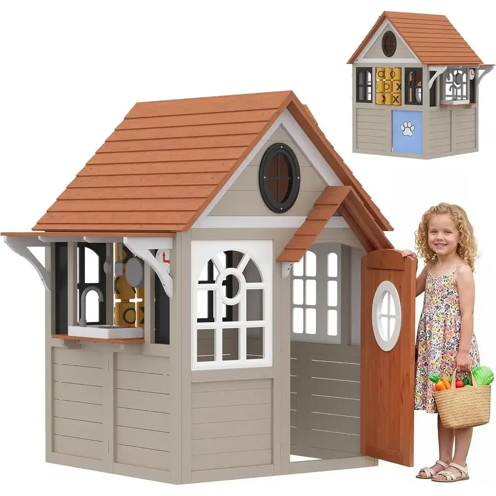 Qaba Kids Outdoor Playhouse - Qaba Buitenspeelhuis, houten kinderspeelhuis met hondenluik,