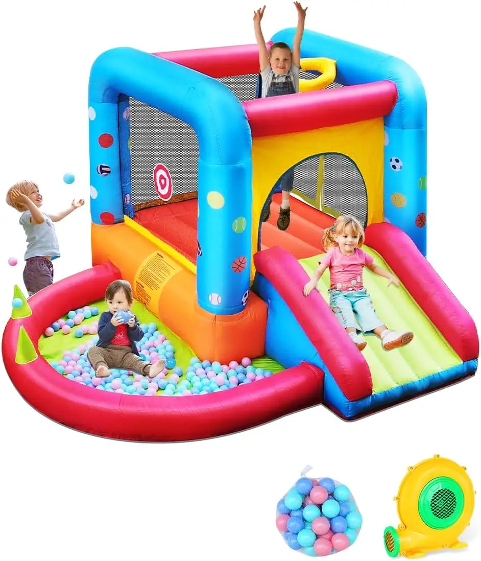 Kids Outdoor Jump House - Step4Fun Opblaasbare Springkasteel, Kinderkasteel Glijbaan Springkussen