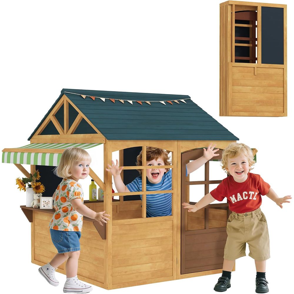 Qaba Kids Outdoor Playhouse - Qaba opvouwbaar buiten speelhuisje met ramen