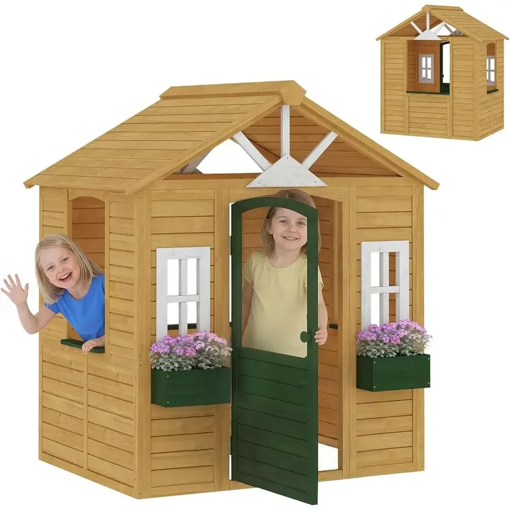 Qaba Kids Outdoor Playhouse - Qaba Buitenspeelhuisje, houten kinderspeelhuisje met werkende